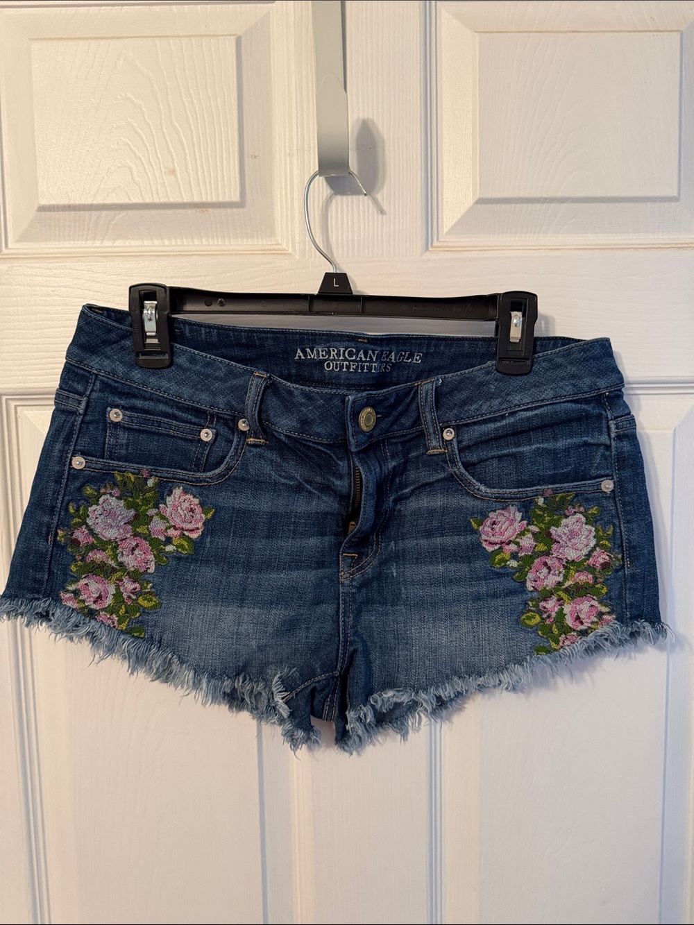 American Eagle Outfitters Dark Blue Denim Shorts with Pink Floral Embroidery